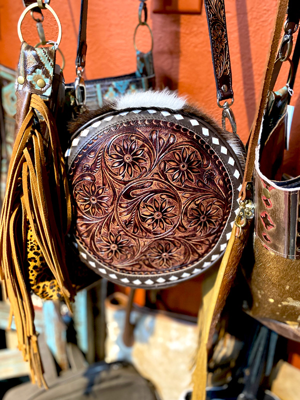 Two Gifty Girls Round Tooled Leather Handbag